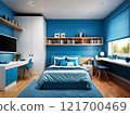 Interior of a cozy bedroom in blue colours . Minimalistic modern design 121700469