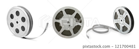 Collections old film strip in metal bobbins isolated on white background. 121700481