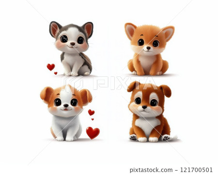 This illustration shows adorable puppies of different colors sitting on a white background decorated with red hearts. Their big eyes radiate warmth and kindness. This illustration shows adorable puppies of different colors sitting on a white background decorated with red hearts. Their big eyes radiate warmth and kindness. 121700501