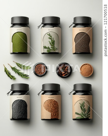 Minimalistic jars with herbs and spices are presented on a gray background. These natural ingredients are packaged stylishly and beautifully. Minimalistic jars with herbs and spices are presented on a gray background. These natural ingredients are packaged stylishly and beautifully. 121700518