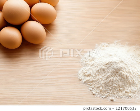A pile of flour and some fresh eggs on a wooden surface. Products for baking or cooking, emphasis on naturalness. 121700532