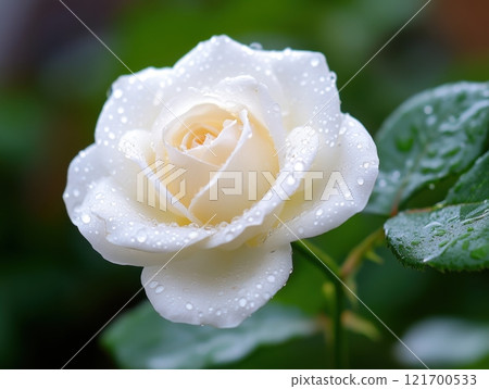 Close-up of a white rose covered with water droplets. A delicate bud with soft petals on a background of green leaves, creating a harmonious contrast.  121700533