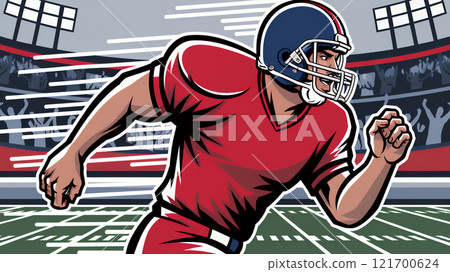 A stylized American football player in motion. The background contains a stadium with cheering fans. Sketch hand-drawing comics style colorful illustration A stylized American football player in motion. The background contains a stadium with cheering fans. Sketch hand-drawing comics style colorful illustration 121700624