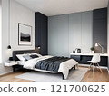 Elegant black white interior of a cozy bedroom Restrained Scandinavian style 121700625