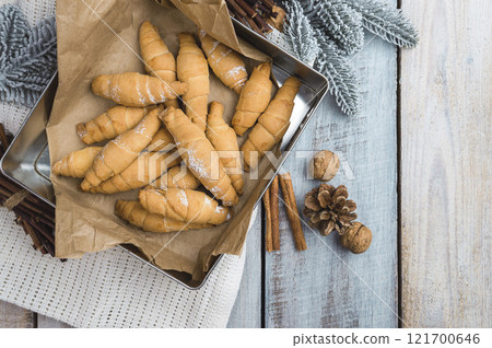 Fresh baked chocolate croissant. Breakfast. Homemade Chocolate Croissant.The family desserts . 121700646