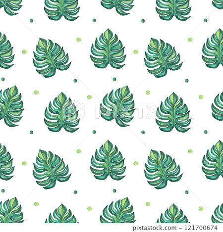 Tropical leaves, seamless watercolor pattern, Tropical background, green leaves, Watercolor palm leaves, exotic pattern on a white background. For fabric, children's clothing, packaging. Tropical leaves, seamless watercolor pattern, Tropical background, green leaves, Watercolor palm leaves, exotic pattern on a white background. For fabric, children's clothing, packaging. 121700674