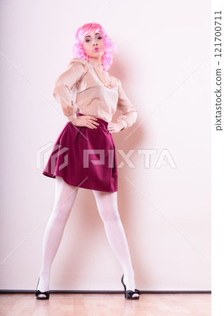 woman with pink wig creative visage 121700711