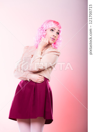 woman with pink wig creative visage 121700715