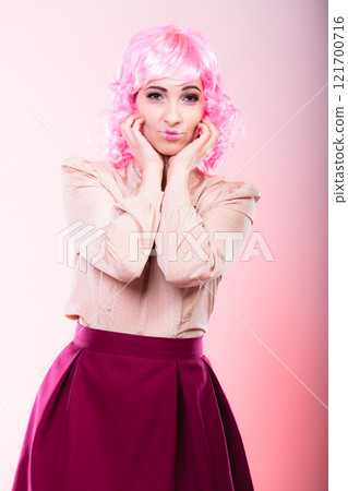 woman with pink wig creative visage 121700716