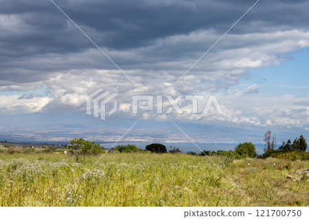 Meadow, sea and Mountain, Sicily, Italy Meadow, sea and Mountain, Sicily, Italy 121700750