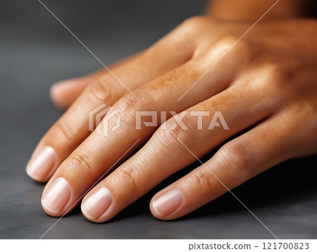 Close-up of a hand with smooth skin and visible subtle pigmentation Close-up of a hand with smooth skin and visible subtle pigmentation 121700823
