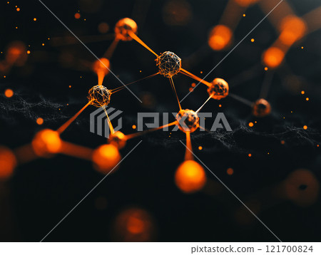 Futuristic 3D molecular structure glowing with orange lights Futuristic 3D molecular structure glowing with orange lights 121700824