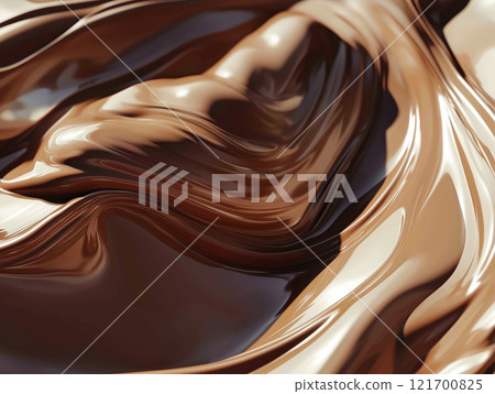 Close-up of smooth creamy chocolate layers with a rich glossy texture and flowing swirls 121700825