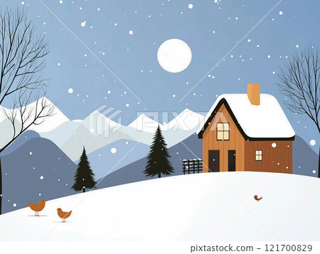 Charming winter scene with a snow-covered house, trees, mountains Charming winter scene with a snow-covered house, trees, mountains 121700829