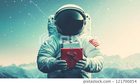Astronaut holding a sparkling gift box. Perfect for Valentine's Day, space-themed celebrations 121700854