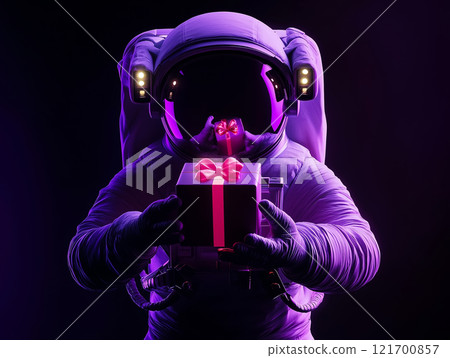 Astronaut holding a sparkling gift box. Perfect for Valentine's Day, space-themed celebrations Astronaut holding a sparkling gift box. Perfect for Valentine's Day, space-themed celebrations 121700857