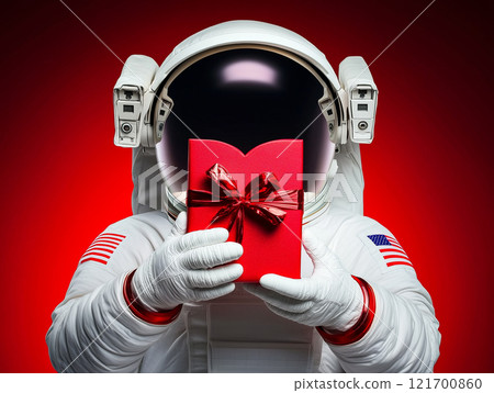 Astronaut holding a sparkling gift box. Perfect for Valentine's Day, space-themed celebrations 121700860