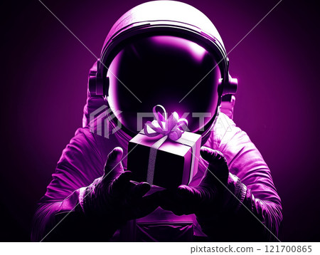 Astronaut holding a sparkling gift box. Perfect for Valentine's Day, space-themed celebrations 121700865
