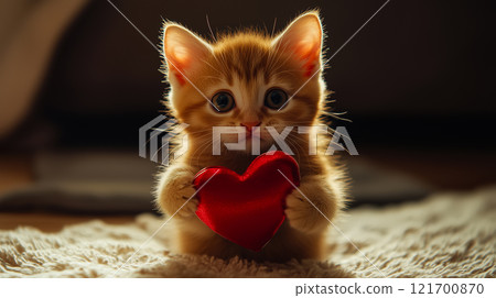 Kitten holding a red Valentine's gift box. 121700870