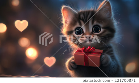 Kitten holding a red Valentine's gift box. Kitten holding a red Valentine's gift box. 121700871