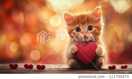 Kitten holding a red Valentine's gift box. 121700874