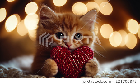 Kitten holding a red Valentine's gift box. 121700875