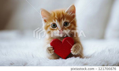 Kitten holding a red Valentine's gift box. Kitten holding a red Valentine's gift box. 121700876