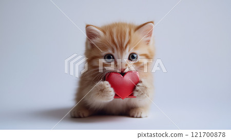 Kitten holding a red Valentine's gift box. 121700878