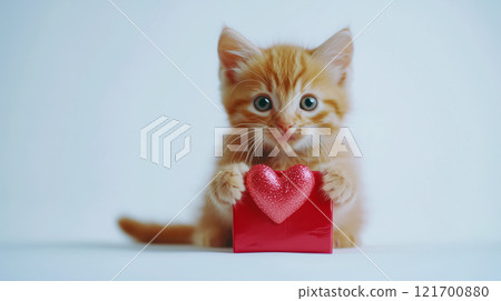 Kitten holding a red Valentine's gift box. 121700880