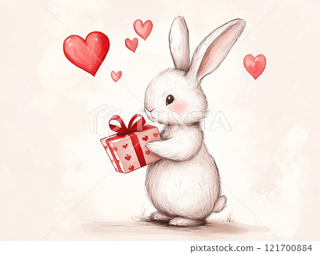 White bunny holding a red Valentine's gift box adorned with hearts 121700884