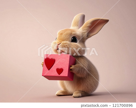 Cute white rabbit holding a gift box with a red ribbon 121700896