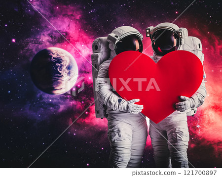 Two astronauts holding a red heart in a captivating space setting Two astronauts holding a red heart in a captivating space setting 121700897