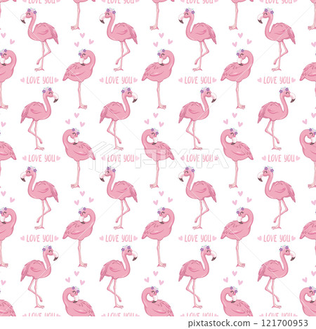 Flamingo pattern. Seamless background with pink bird. Exotic tropical repeated banner. 121700953