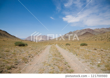 Landscape from remote region of Mongolia. Road to Altai mountains, Oigor valley 121700980