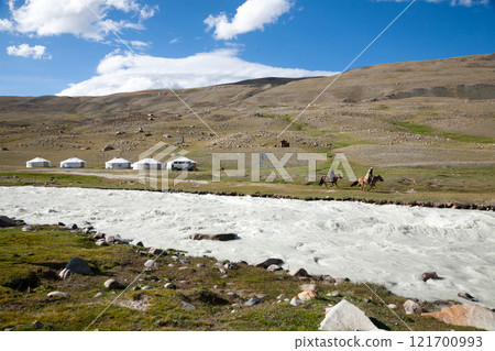 White river view, Altai Tavan Bogd National Park, Mongolia. Traditional ger view 121700993