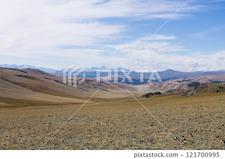 Landscape with dirt road in Altai Tavan Bogd National Park, Mongolia Landscape with dirt road in Altai Tavan Bogd National Park, Mongolia 121700995