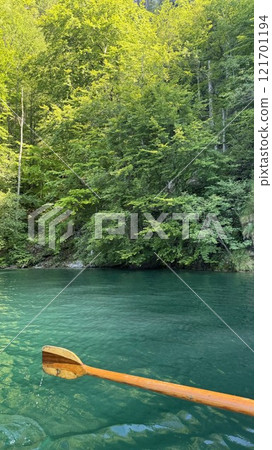 Serene Forest of Bavarian Alps and Emerald Lake Koenigsee With Wooden Oar in Sunlight in Germany 121701194