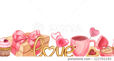 Valentine's day banner. Love, hearts, gift, ring, pink mug of tea, biscuit. Hand drawn watercolor illustration isolated on white background. For printing textile, fabrics, packaging Valentine's day banner. Love, hearts, gift, ring, pink mug of tea, biscuit. Hand drawn watercolor illustration isolated on white background. For printing textile, fabrics, packaging 121701283