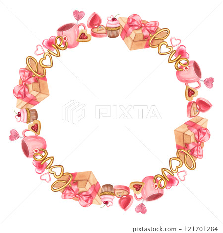Round frame valentine's day symbols: Love, hearts, gift, ring, pink mug of tea, biscuit. Hand drawn watercolor illustration isolated on white background. For printing textile, fabrics, packaging 121701284