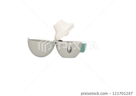 Asthma inhaler, disc and hand inhaler, and capsule inhaler. On a white background. Asthma inhaler, disc and hand inhaler, and capsule inhaler. On a white background. 121701287