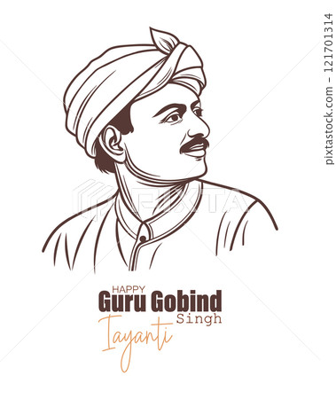 Guru Gobind Singh Jayanti celebration greeting card. Portrait of an Indian man in a traditional turban. Illustration, poster 121701314