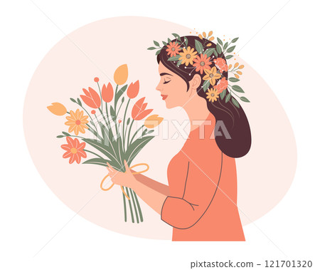 Woman with a bouquet of spring flowers. Mothers Day or womens Day concept. Holiday illustration in flat style. 121701320