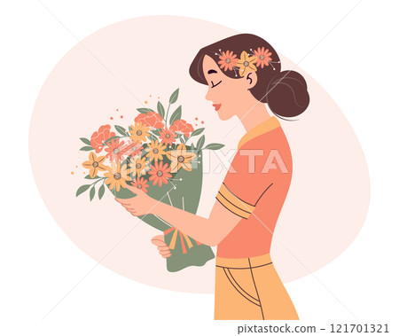 Woman with a bouquet of spring flowers. Mothers Day or womens Day concept. Holiday illustration in flat style. 121701321