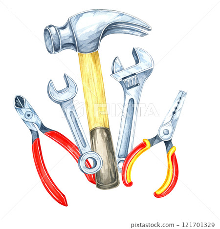 Two wrenches, hammer and a red-handled pliers illustration. Hand-painted watercolor clipart. Ideal for automotive repair designs, toolset branding, or hardware store promotional materials Two wrenches, hammer and a red-handled pliers illustration. Hand-painted watercolor clipart. Ideal for automotive repair designs, toolset branding, or hardware store promotional materials 121701329