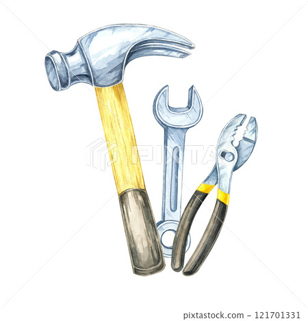 A hammer, pliers, and a wrench clipart. Hand-painted instruments watercolor illustration. Ideal for construction-related designs, tool merchandise branding, or professional hardware catalogs A hammer, pliers, and a wrench clipart. Hand-painted instruments watercolor illustration. Ideal for construction-related designs, tool merchandise branding, or professional hardware catalogs 121701331