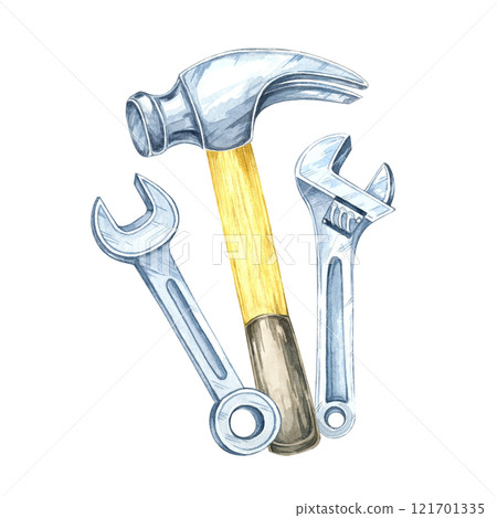 A hammer and two wrenches clipart. Hand-painted watercolor illustration. Ideal for marketing construction tools, industrial merchandise designs, or educational materials on basic repair equipment 121701335