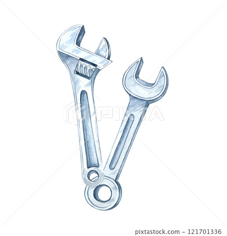 Two metal wrenches, including an adjustable one, crossed. Hand-painted watercolor illustration. Clipart for branding for toolkits, DIY projects, construction labels, or hardware store flyers 121701336