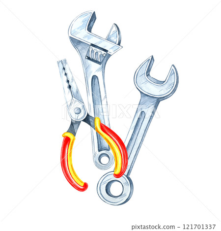 Pliers with red and yellow handles, an adjustable wrench and key clipart. Hand-painted watercolor illustration for tool-related designs, packaging, instructional materials, or DIY promotional items Pliers with red and yellow handles, an adjustable wrench and key clipart. Hand-painted watercolor illustration for tool-related designs, packaging, instructional materials, or DIY promotional items 121701337