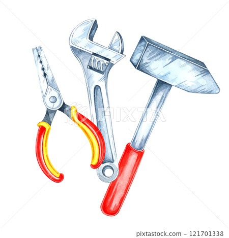 A hammer, pliers with yellow and red handles , and an adjustable wrench clipart. Hand-painted watercolor illustration for handyman merchandise, instructional design, or DIY-themed packaging labels A hammer, pliers with yellow and red handles , and an adjustable wrench clipart. Hand-painted watercolor illustration for handyman merchandise, instructional design, or DIY-themed packaging labels 121701338