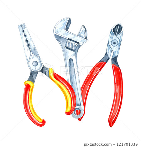 A red-handled cutter and a pair of pliers with a metal wrench. Hand-painted watercolor clipart. Works well for construction-themed designs, repair-related products, or tool-centric packaging ideas A red-handled cutter and a pair of pliers with a metal wrench. Hand-painted watercolor clipart. Works well for construction-themed designs, repair-related products, or tool-centric packaging ideas 121701339